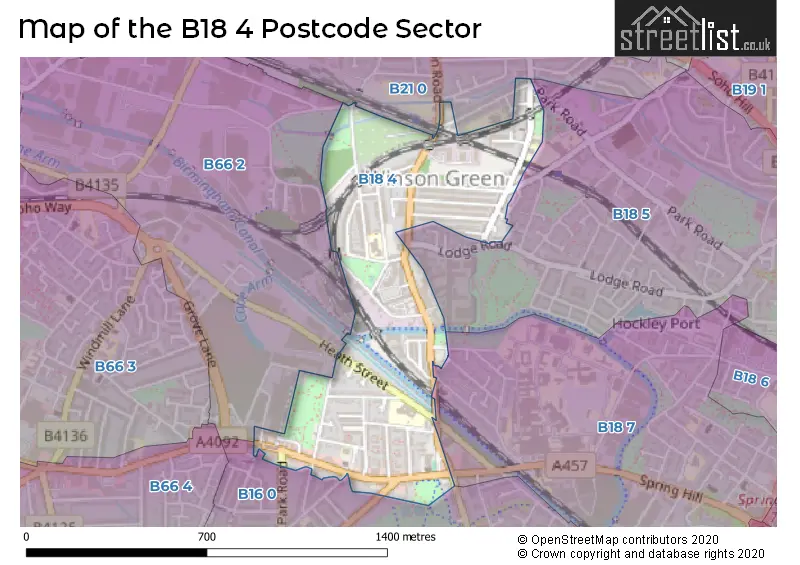 Map of the B18 4 and surrounding postcode sector