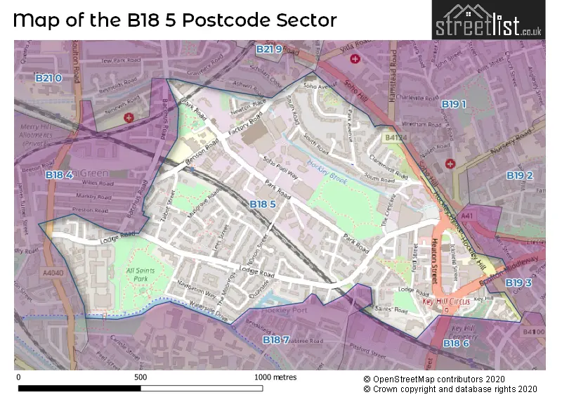 Map of the B18 5 and surrounding postcode sector