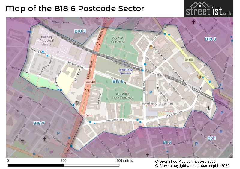 Map of the B18 6 and surrounding postcode sector