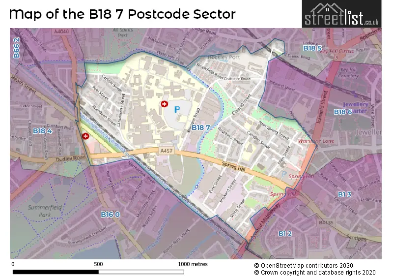 Map of the B18 7 and surrounding postcode sector