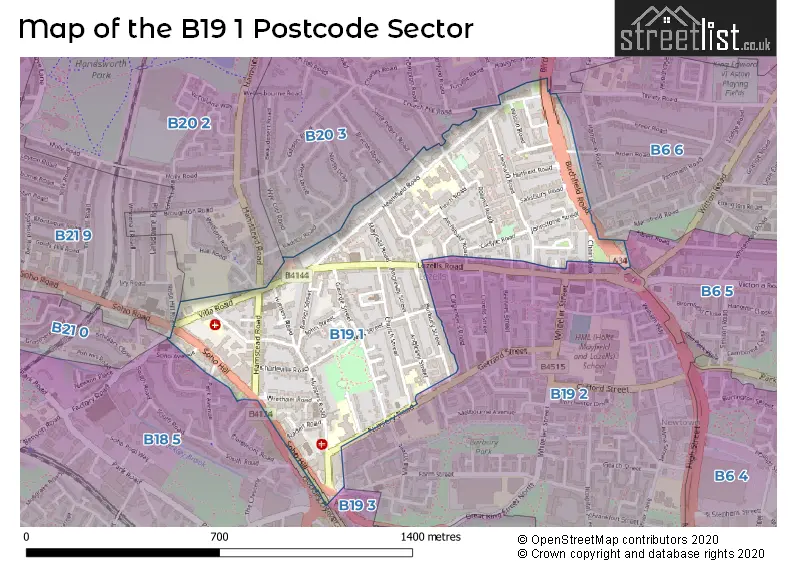 Map of the B19 1 and surrounding postcode sector