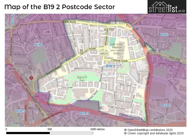 Map of the B19 2 and surrounding postcode sector