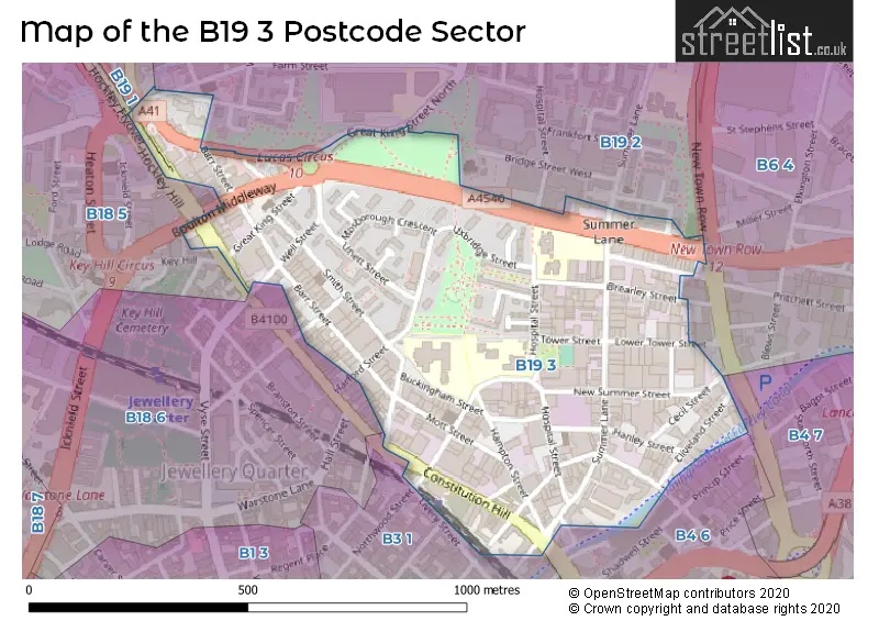 Map of the B19 3 and surrounding postcode sector