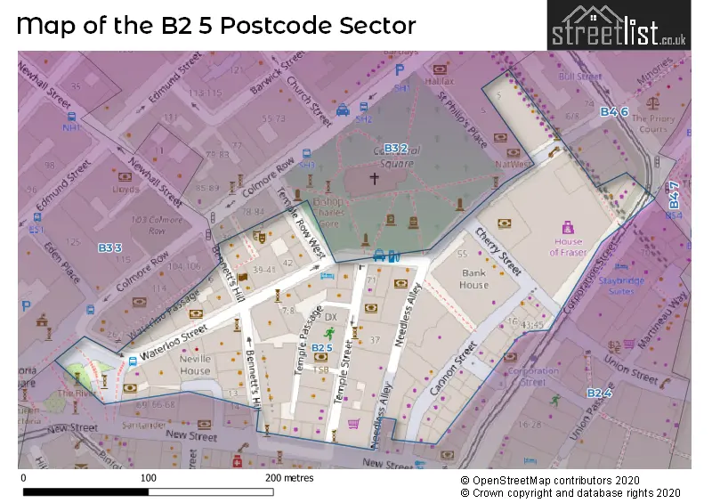 Map of the B2 5 and surrounding postcode sector