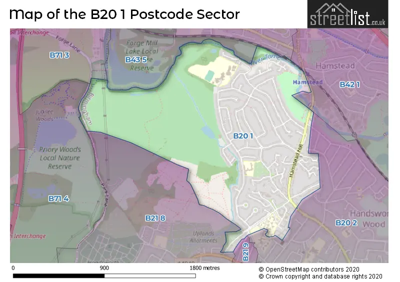 Map of the B20 1 and surrounding postcode sector