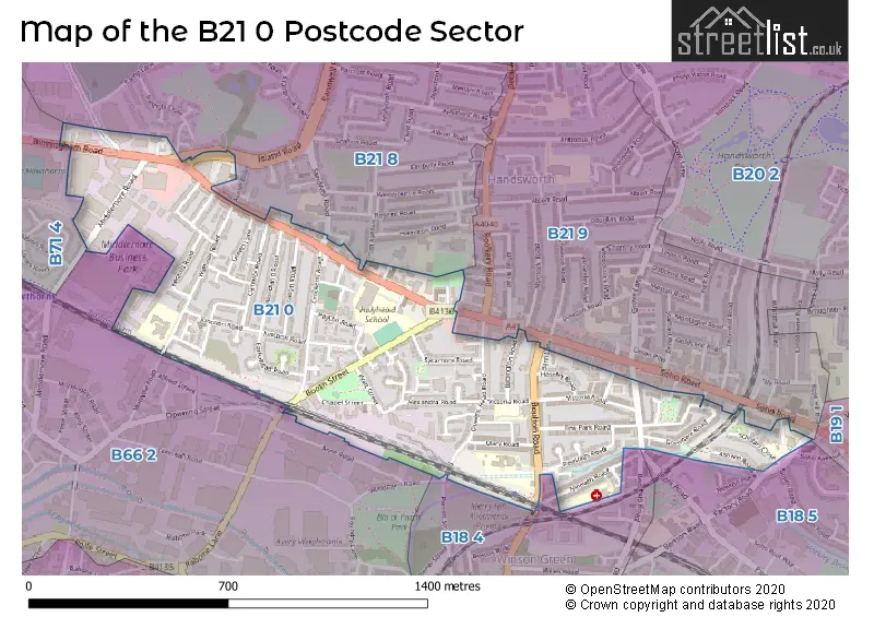 Map of the B21 0 and surrounding postcode sector