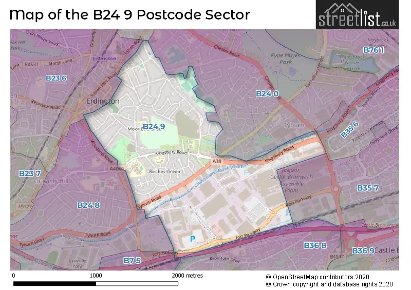 Map of the B24 9 and surrounding postcode sector