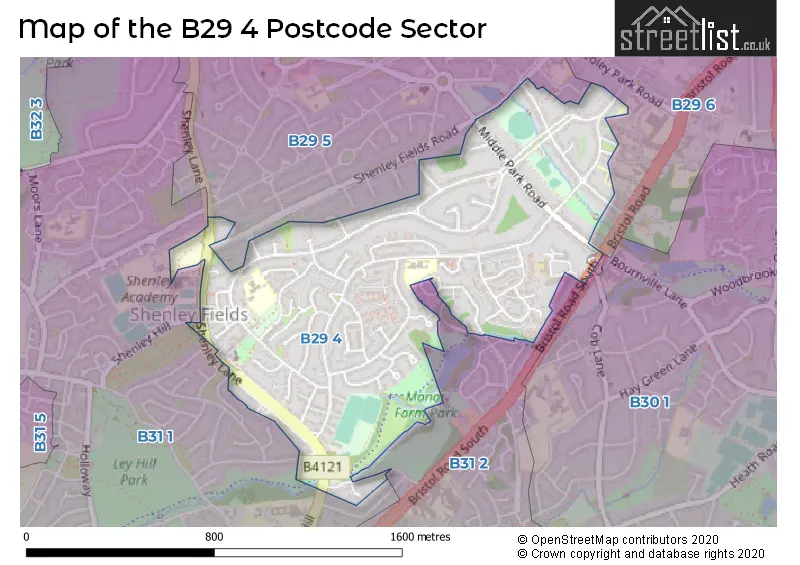 Map of the B29 4 and surrounding postcode sector
