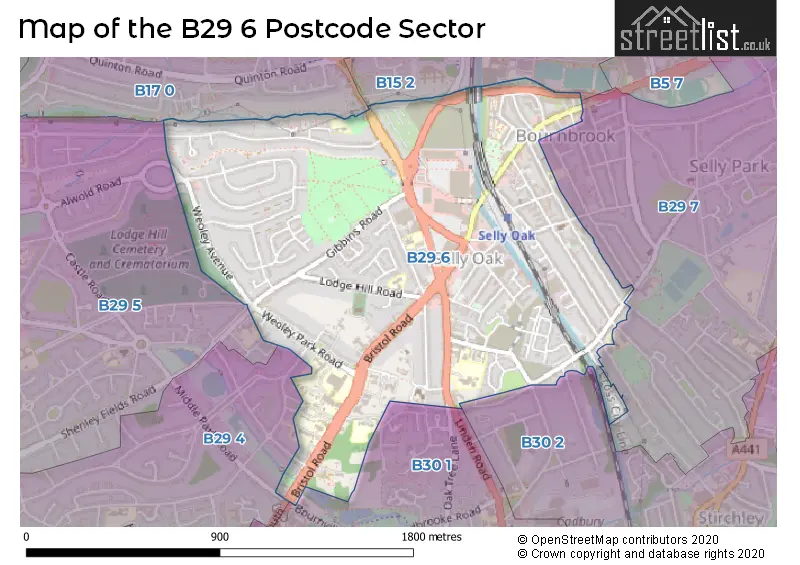Map of the B29 6 and surrounding postcode sector