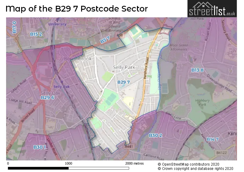Map of the B29 7 and surrounding postcode sector