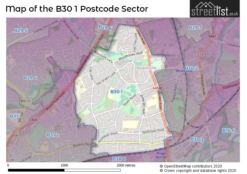 Map of the B30 1 and surrounding postcode sector