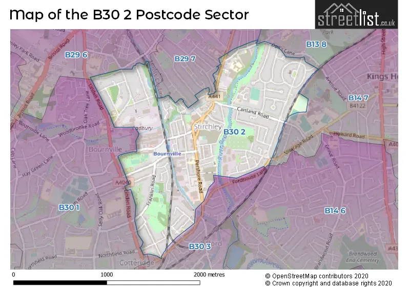 Map of the B30 2 and surrounding postcode sector