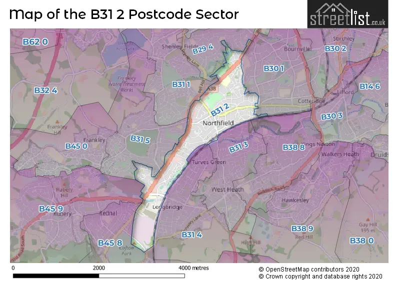 Map of the B31 2 and surrounding postcode sector