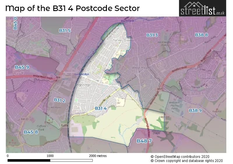 Map of the B31 4 and surrounding postcode sector