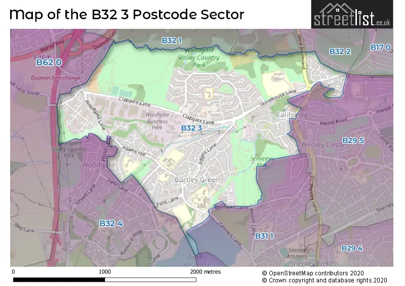 Map of the B32 3 and surrounding postcode sector