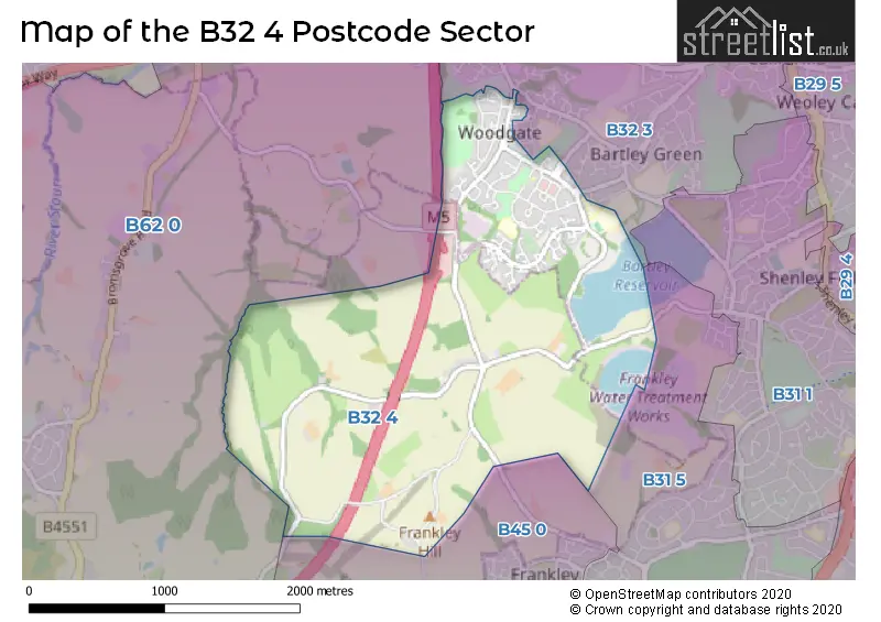Map of the B32 4 and surrounding postcode sector