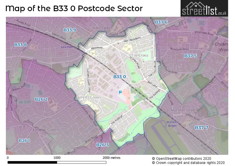 Map of the B33 0 and surrounding postcode sector