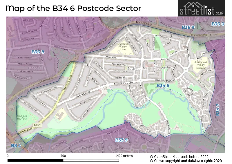 Map of the B34 6 and surrounding postcode sector