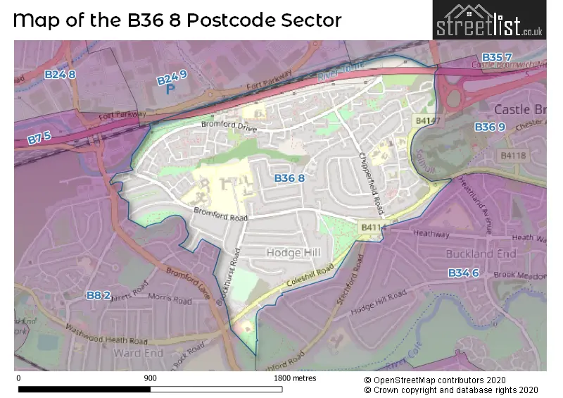 Map of the B36 8 and surrounding postcode sector