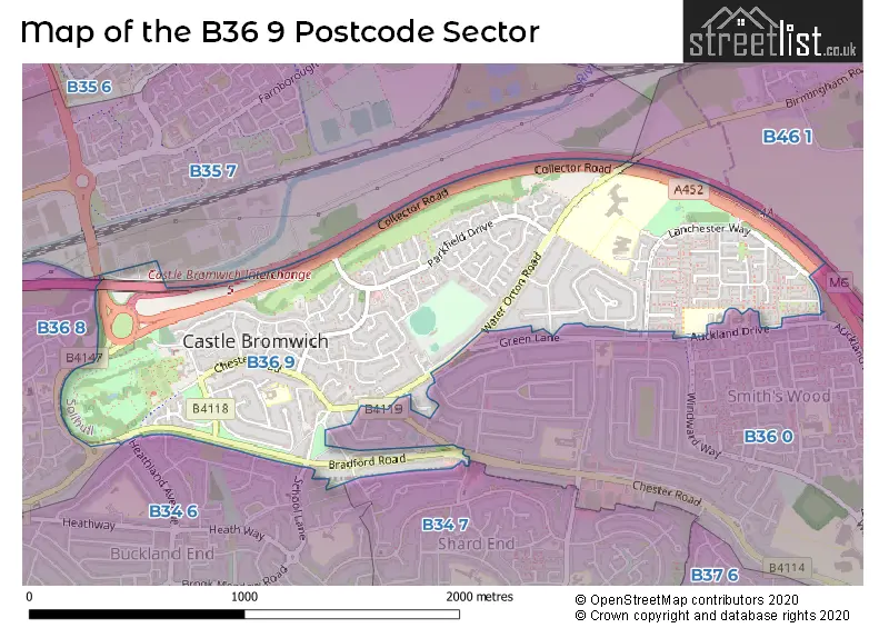 Map of the B36 9 and surrounding postcode sector
