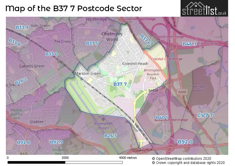 Map of the B37 7 and surrounding postcode sector