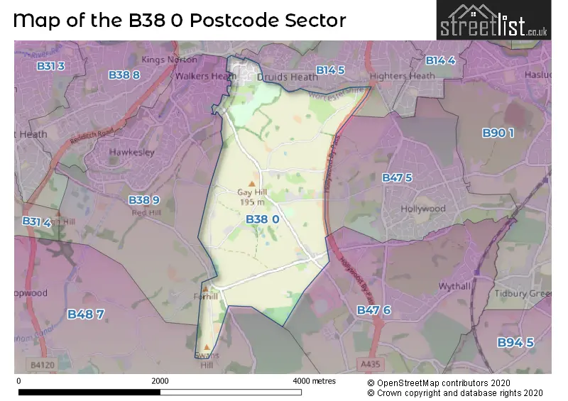 Map of the B38 0 and surrounding postcode sector