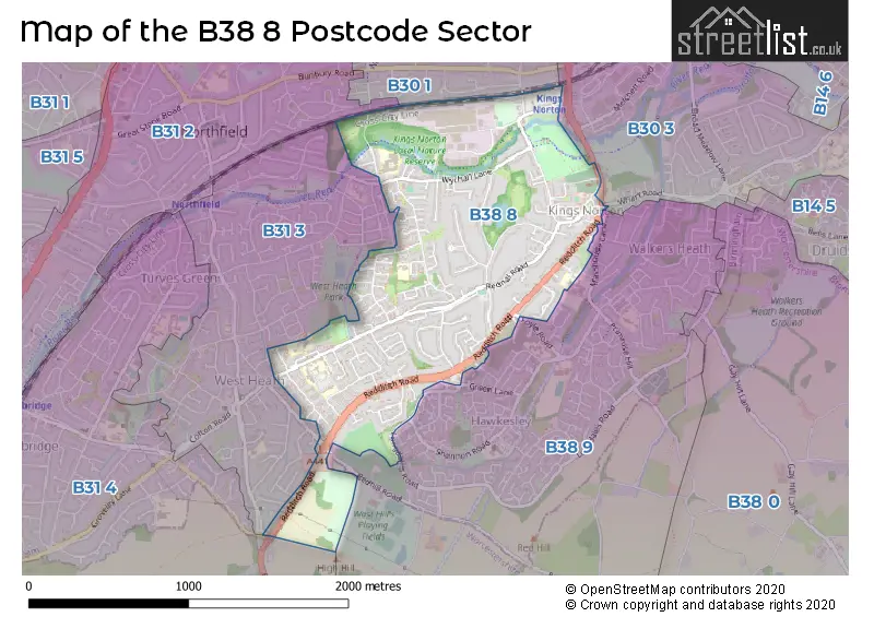 Map of the B38 8 and surrounding postcode sector