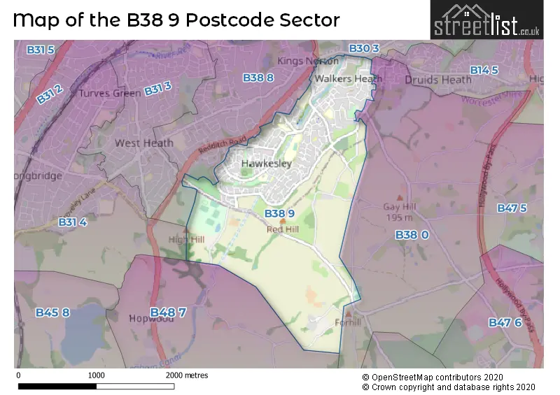 Map of the B38 9 and surrounding postcode sector