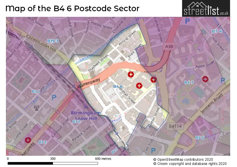 Map of the B4 6 and surrounding postcode sector