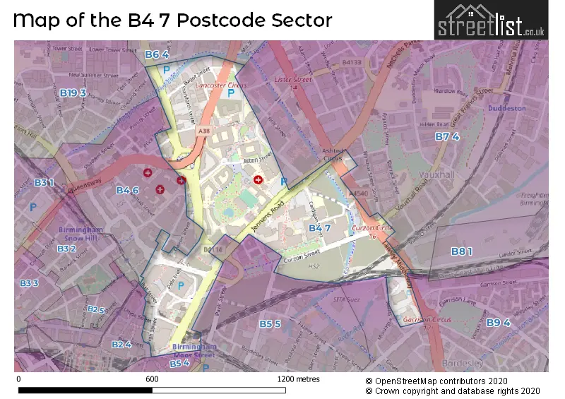 Map of the B4 7 and surrounding postcode sector