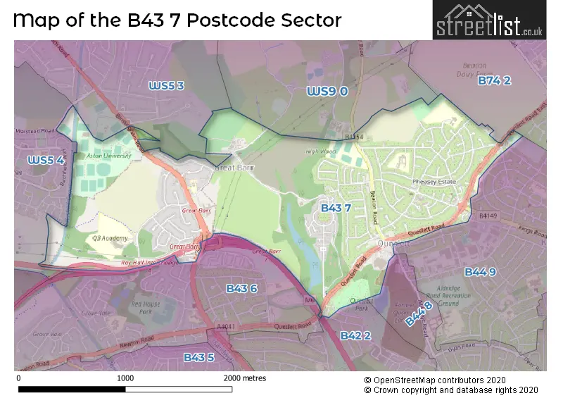 Map of the B43 7 and surrounding postcode sector