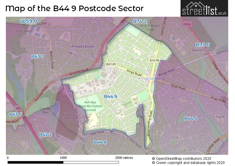 Map of the B44 9 and surrounding postcode sector