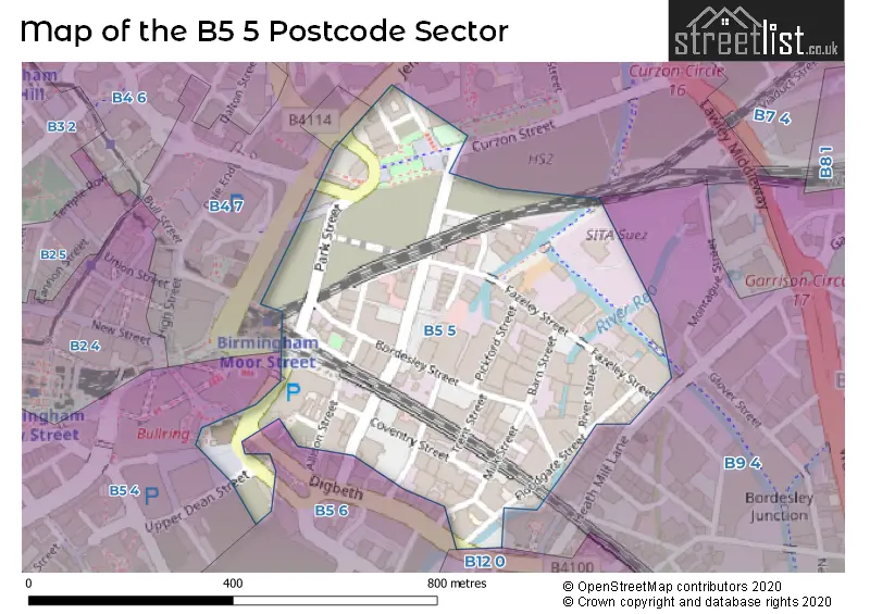 Map of the B5 5 and surrounding postcode sector