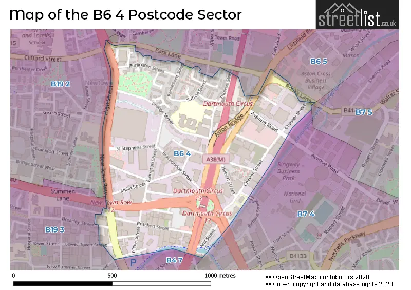 Map of the B6 4 and surrounding postcode sector