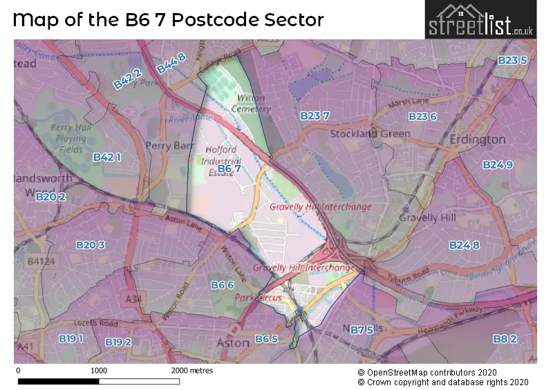 Map of the B6 7 and surrounding postcode sector