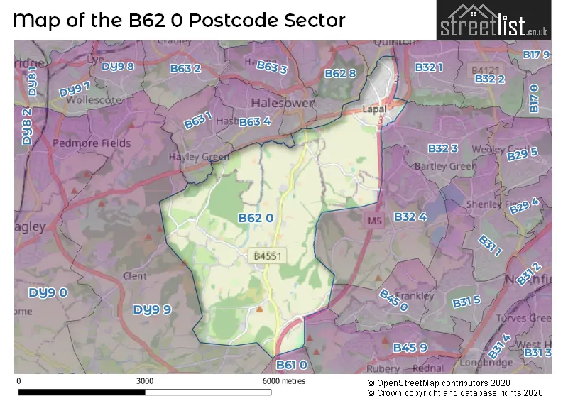 Map of the B62 0 and surrounding postcode sector