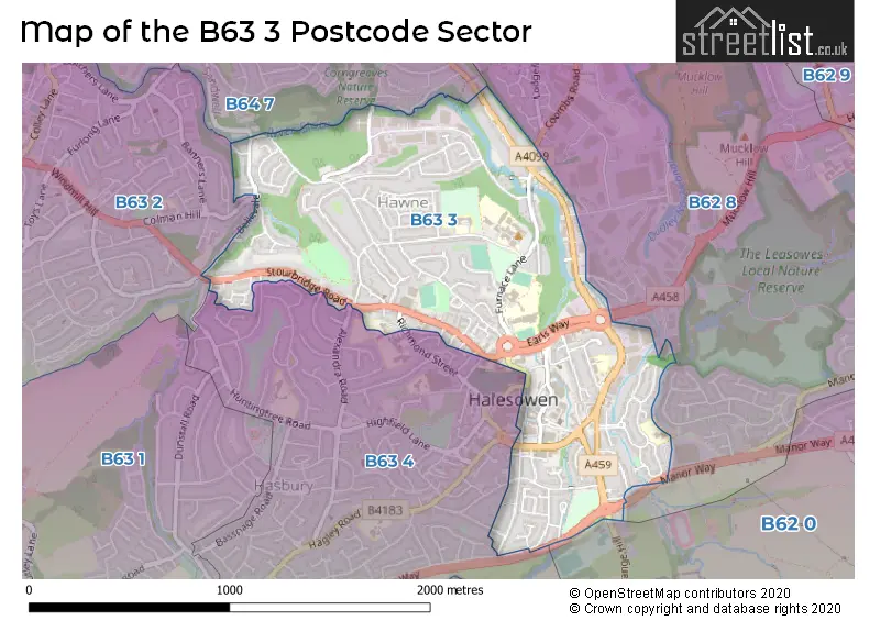 Map of the B63 3 and surrounding postcode sector