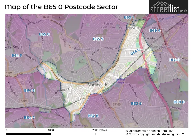 Map of the B65 0 and surrounding postcode sector
