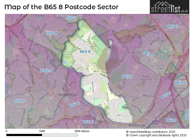 Map of the B65 8 and surrounding postcode sector