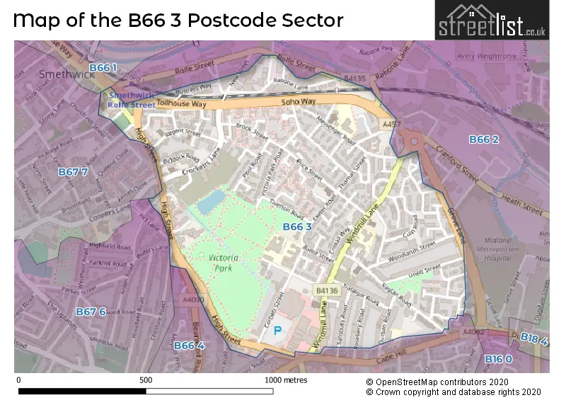 Map of the B66 3 and surrounding postcode sector