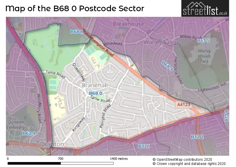 Map of the B68 0 and surrounding postcode sector