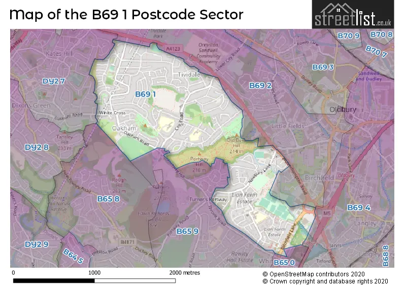 Map of the B69 1 and surrounding postcode sector
