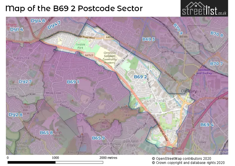 Map of the B69 2 and surrounding postcode sector