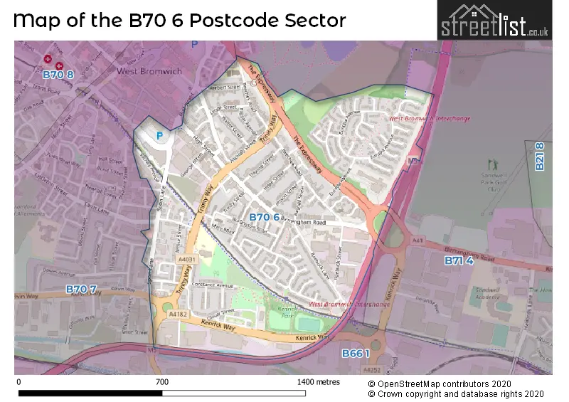 Map of the B70 6 and surrounding postcode sector