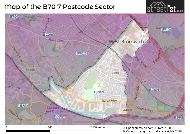Map of the B70 7 and surrounding postcode sector