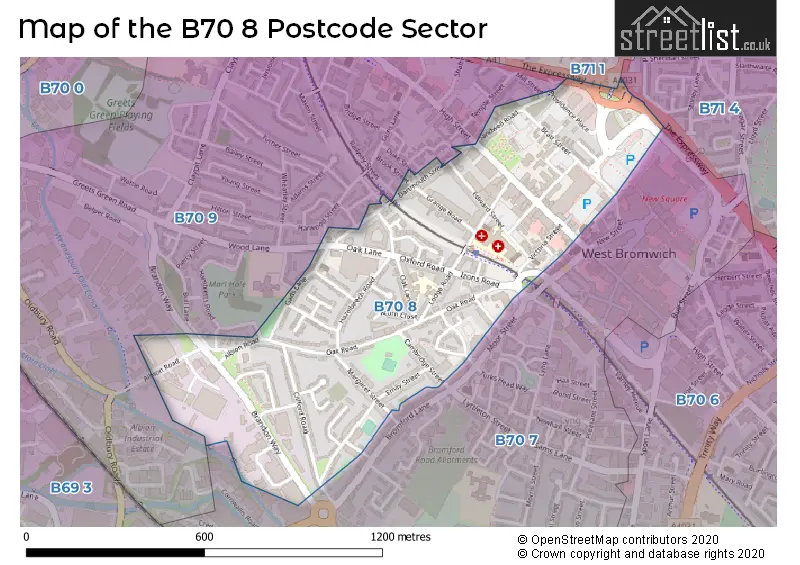 Map of the B70 8 and surrounding postcode sector