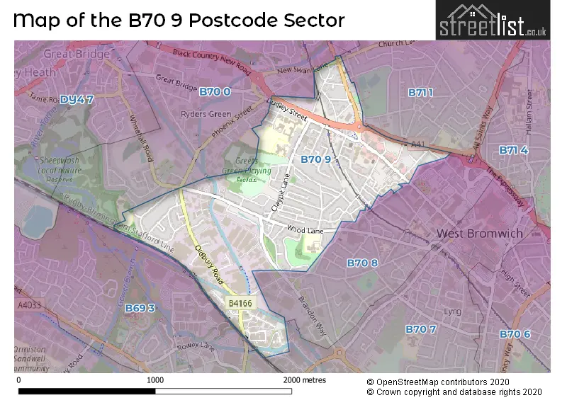 Map of the B70 9 and surrounding postcode sector