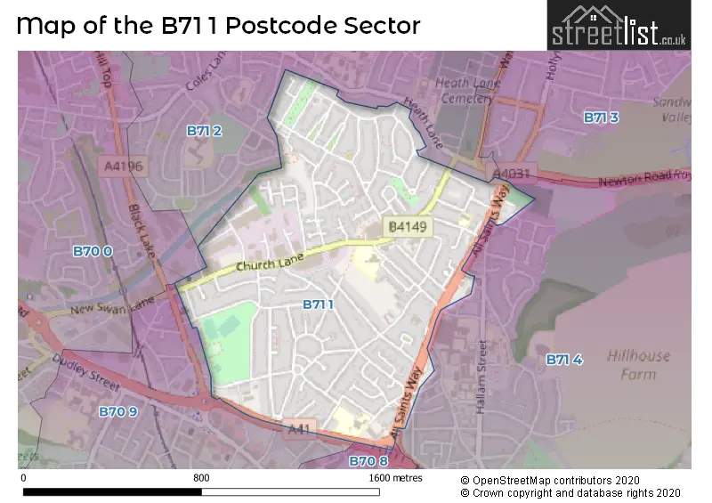 Map of the B71 1 and surrounding postcode sector