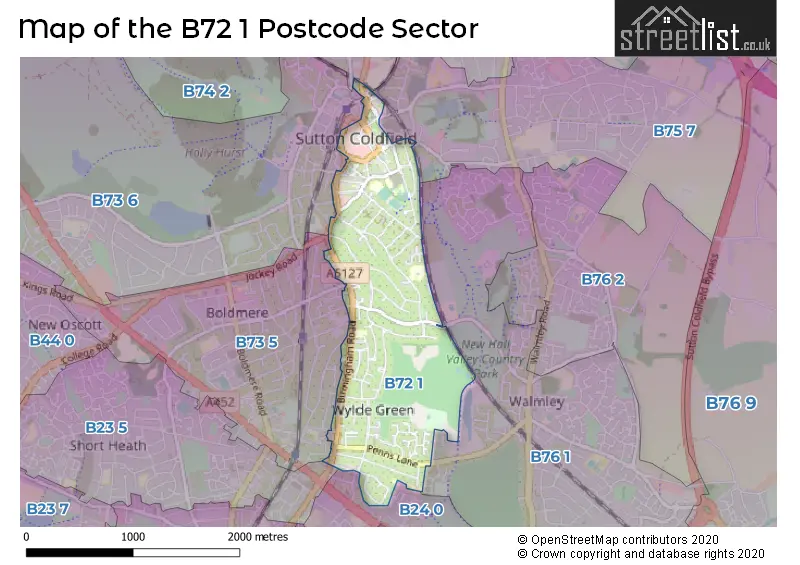 Map of the B72 1 and surrounding postcode sector