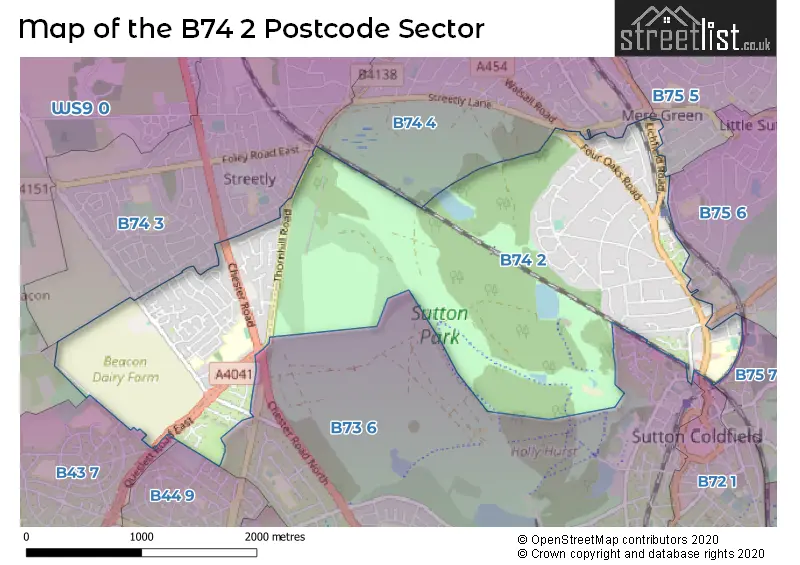 Map of the B74 2 and surrounding postcode sector
